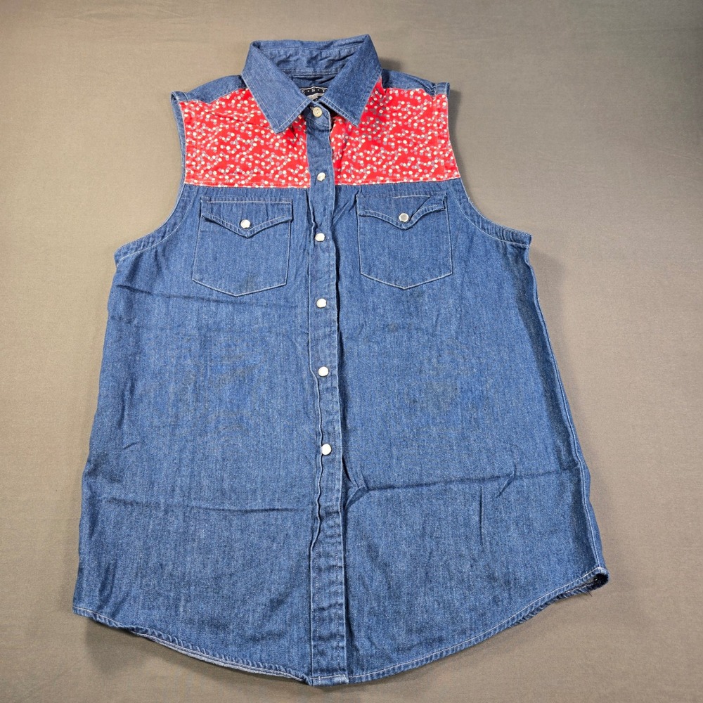 Best American Clothing Co Women's Denim Sleeveless Shirt Red Floral Yoke Large L
